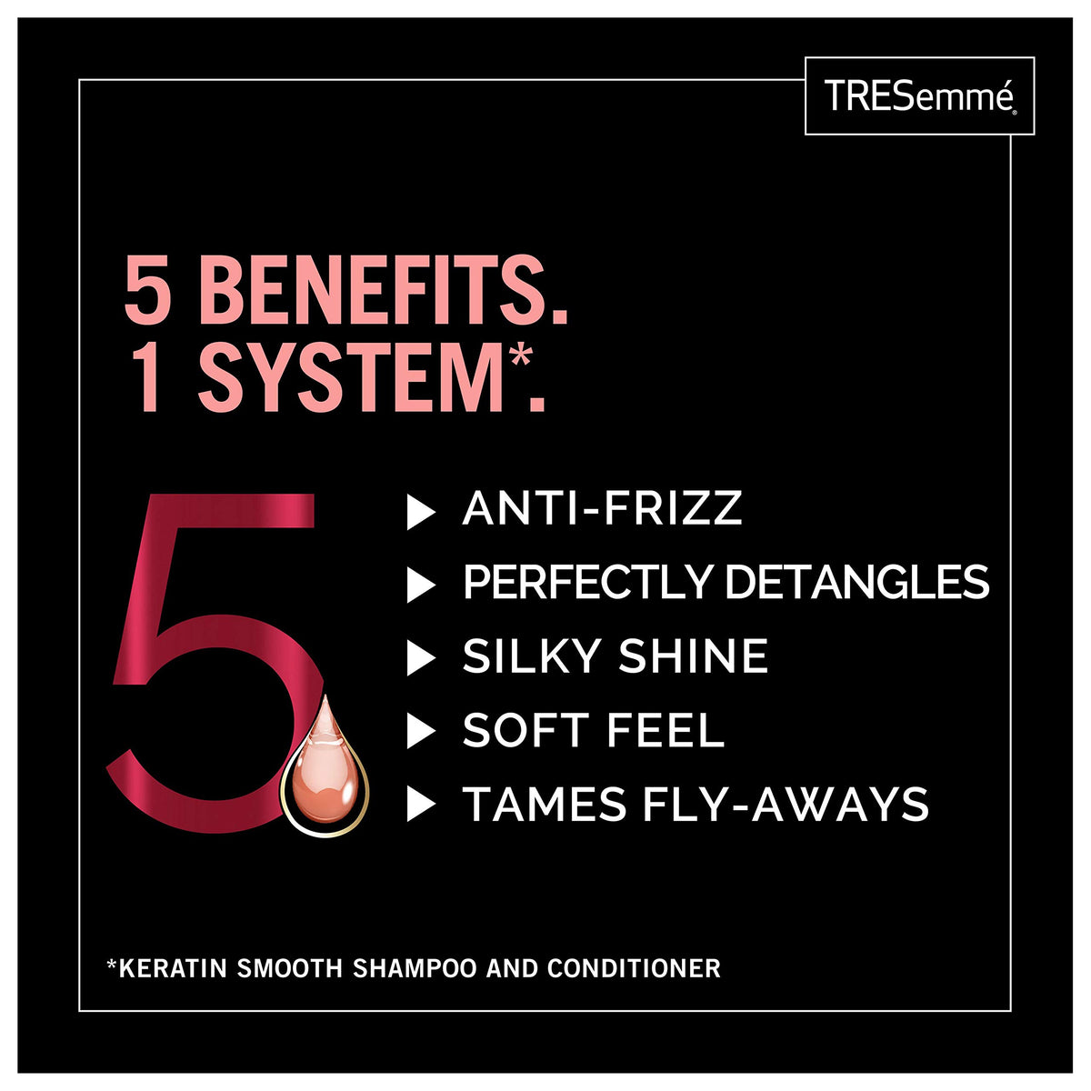 TRESemmé label and ingredient callouts highlighting keratin and marula oil