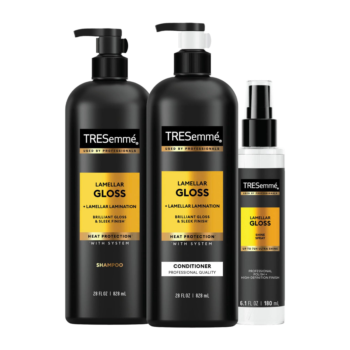TRESemmé front pack display showing shampoo, conditioner and spray benefits