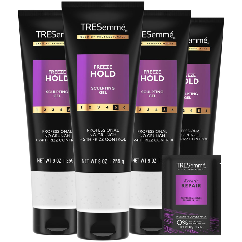 TRESemmé front packaging showing four gel bottles and mask, clear value benefit