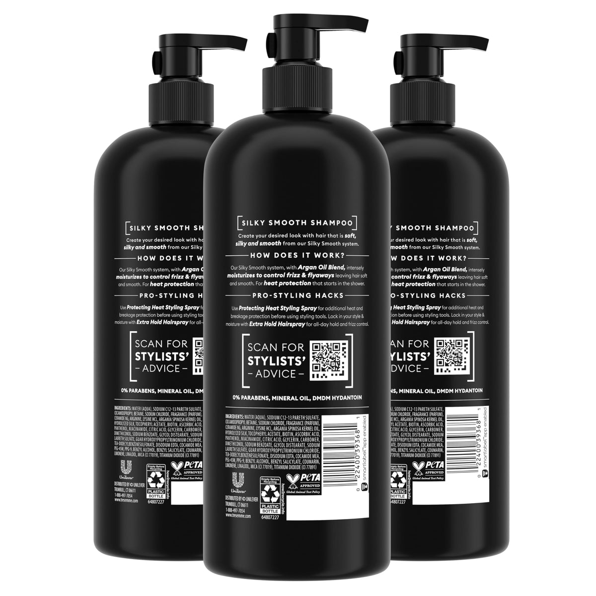 TRESemmé label close-up highlighting ingredients and argan oil benefits