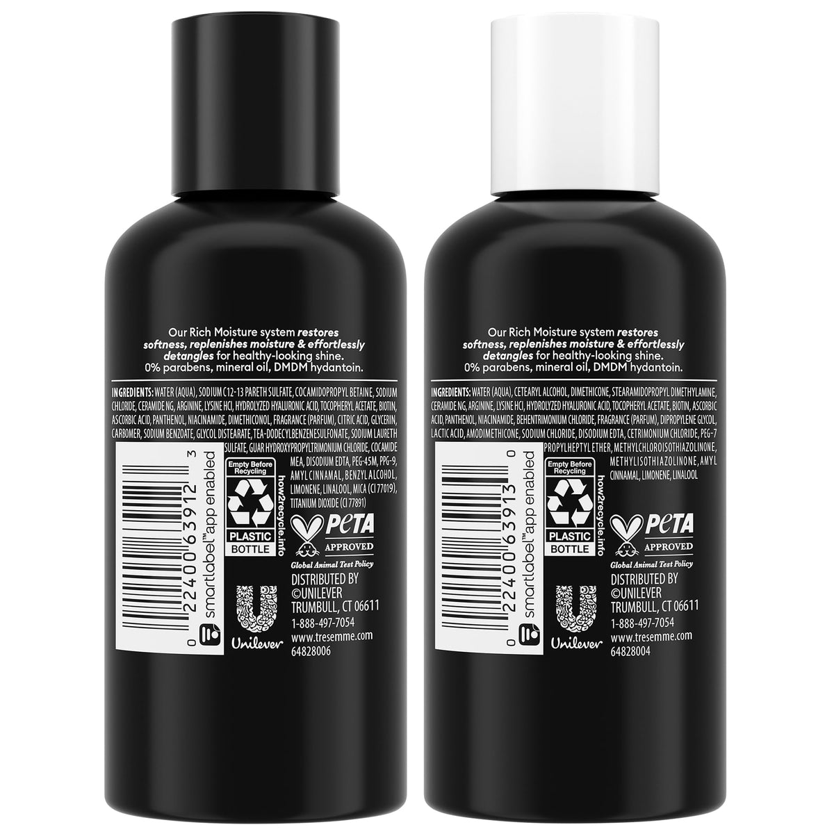 TRESemmé travel bottle close-up label highlighting hyaluronic acid and paraben-free benefit