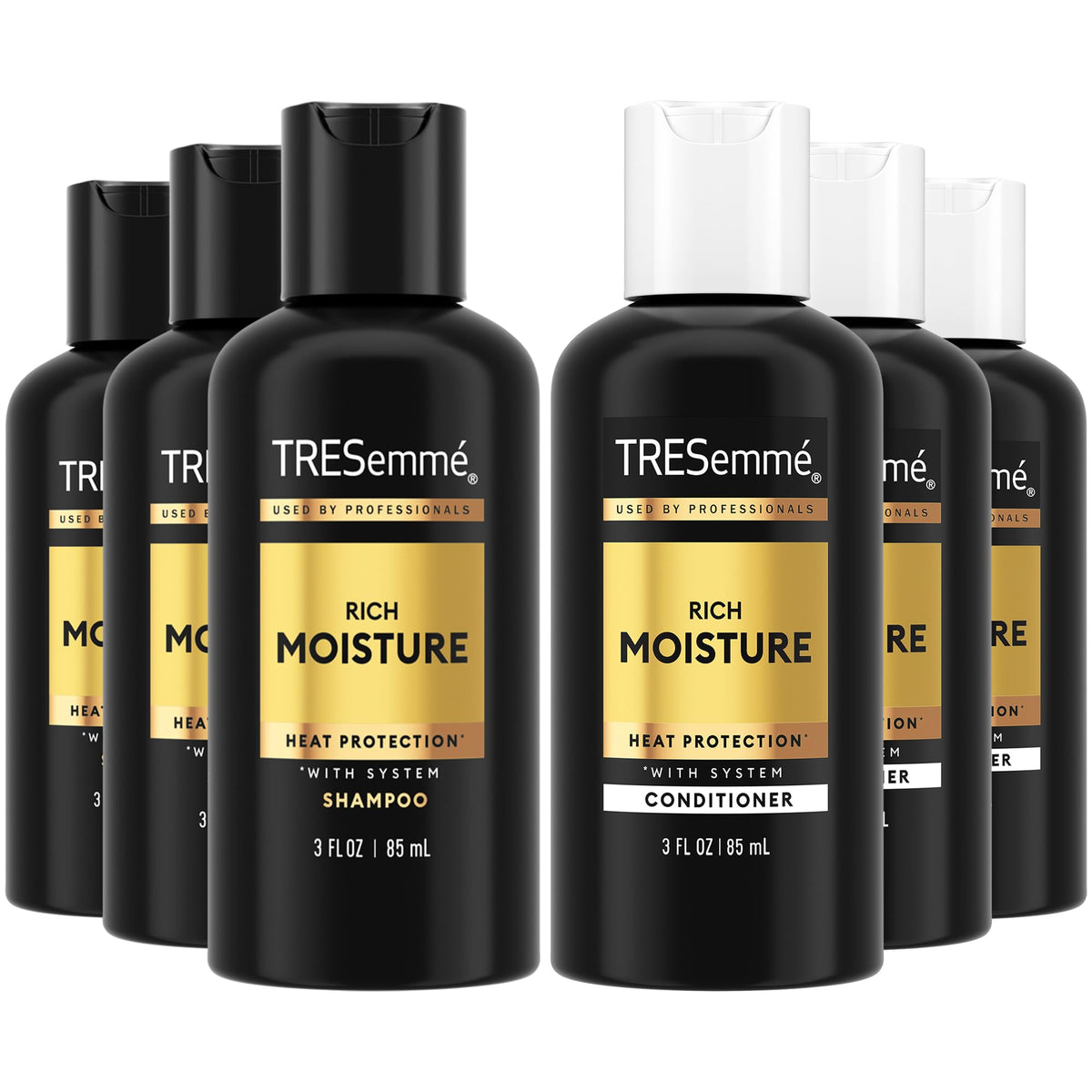 TRESemmé travel essentials front packaging showing compact bottles and benefits
