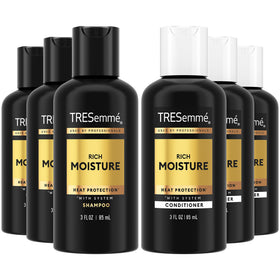 TRESemmé travel essentials front packaging showing compact bottles and benefits