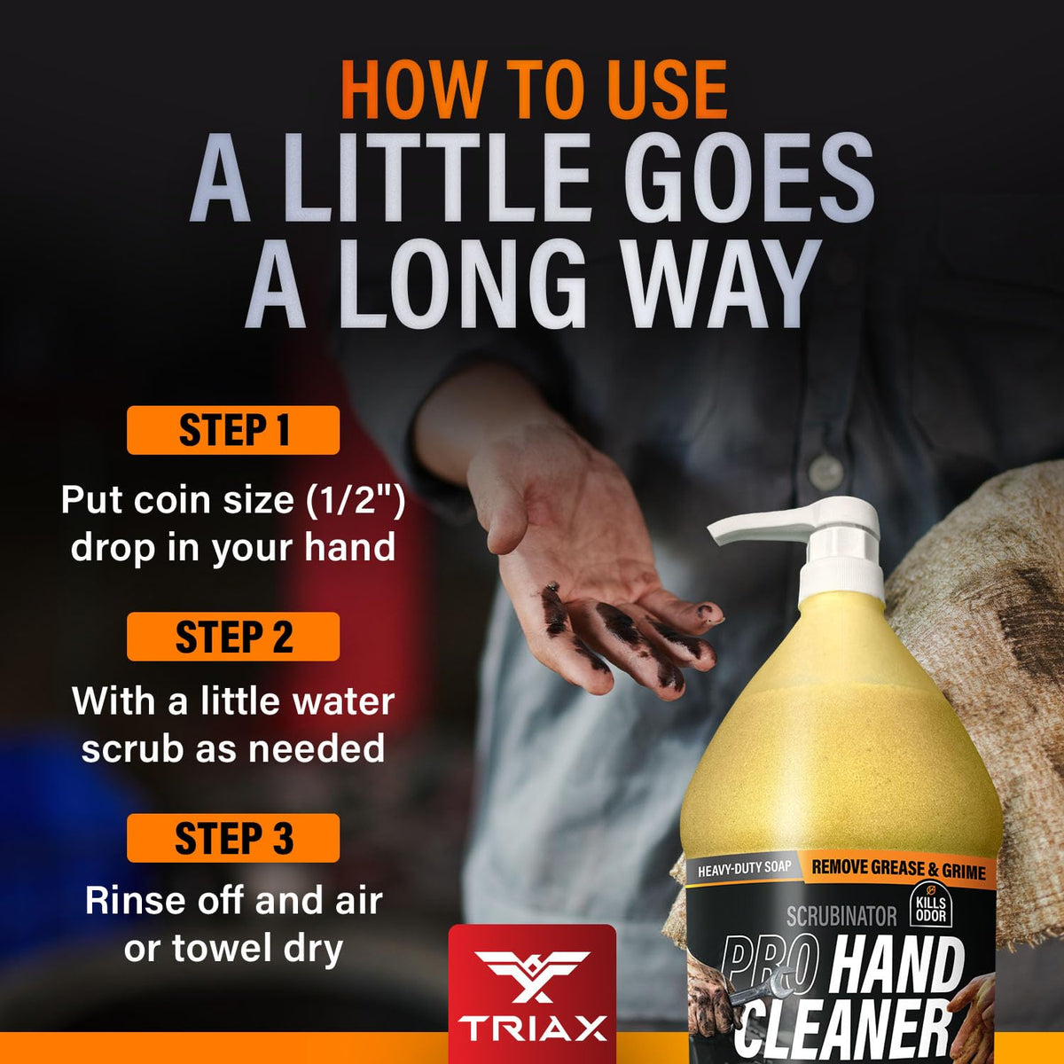 Triax Scrubinator on a workshop bench with hands-on work scene highlighting heavy-duty cleaning