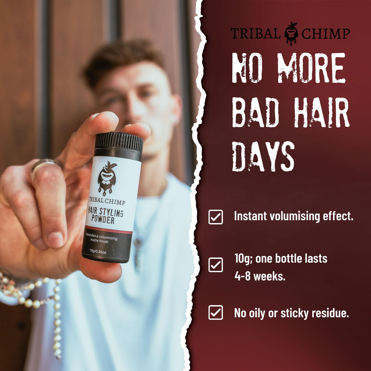 Tribal Chimp applying powder at roots to lift hair and add matte texture