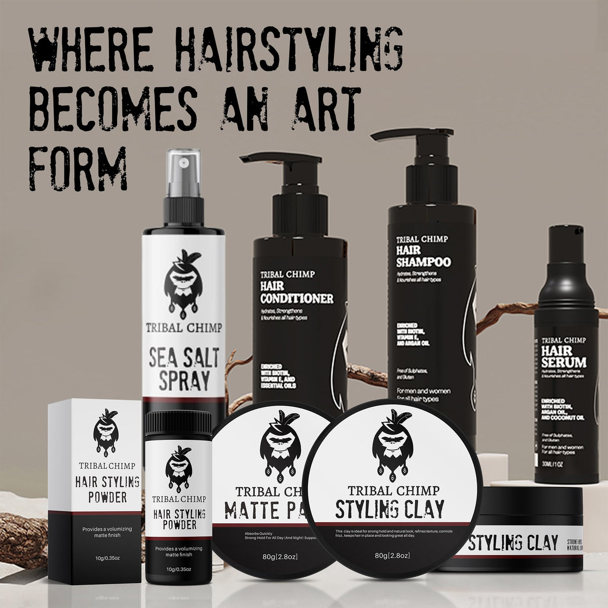 Tribal Chimp jar on bathroom vanity in lifestyle scene showing daily styling use