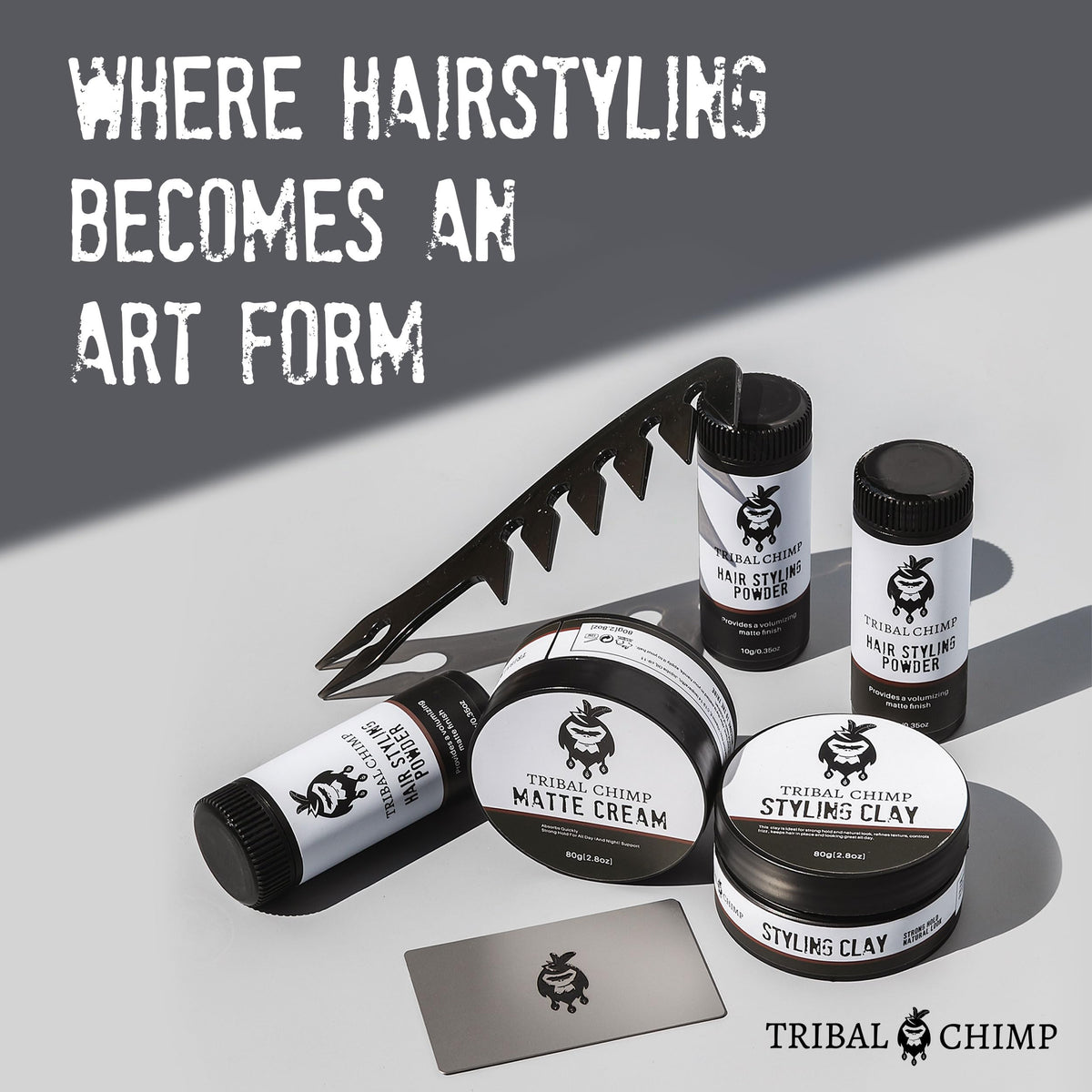 Tribal Chimp in bathroom scene with styling tools showing everyday use
