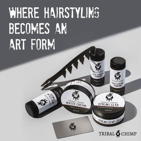 Tribal Chimp in bathroom scene with styling tools showing everyday use
