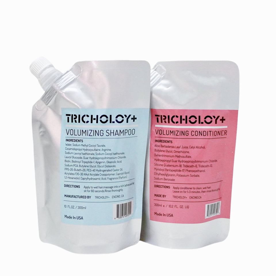 Tricholoy+ front packaging of shampoo and conditioner showing set benefits