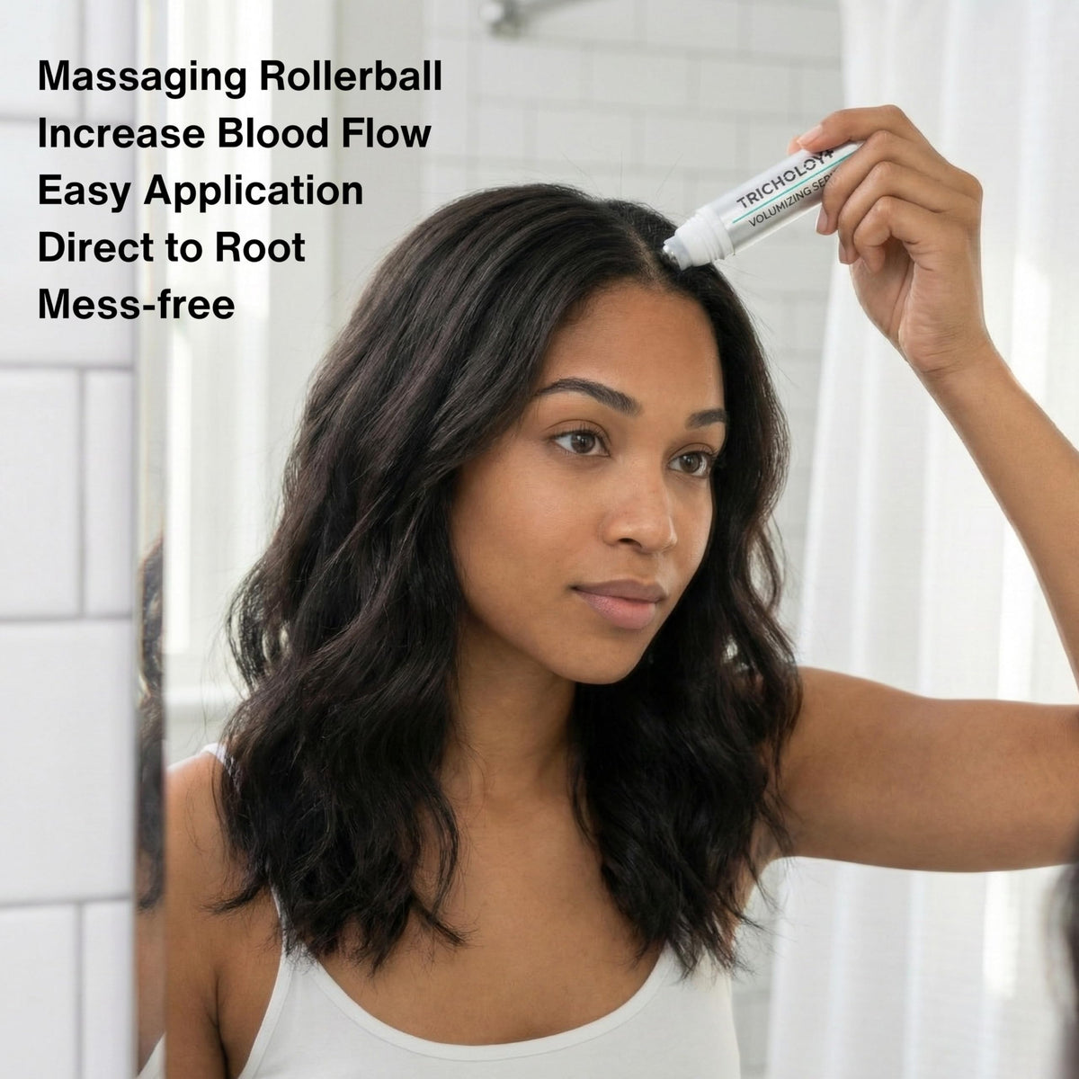 Tricholoy+ roll-on applicator tip designed for precise, mess-free scalp dosing