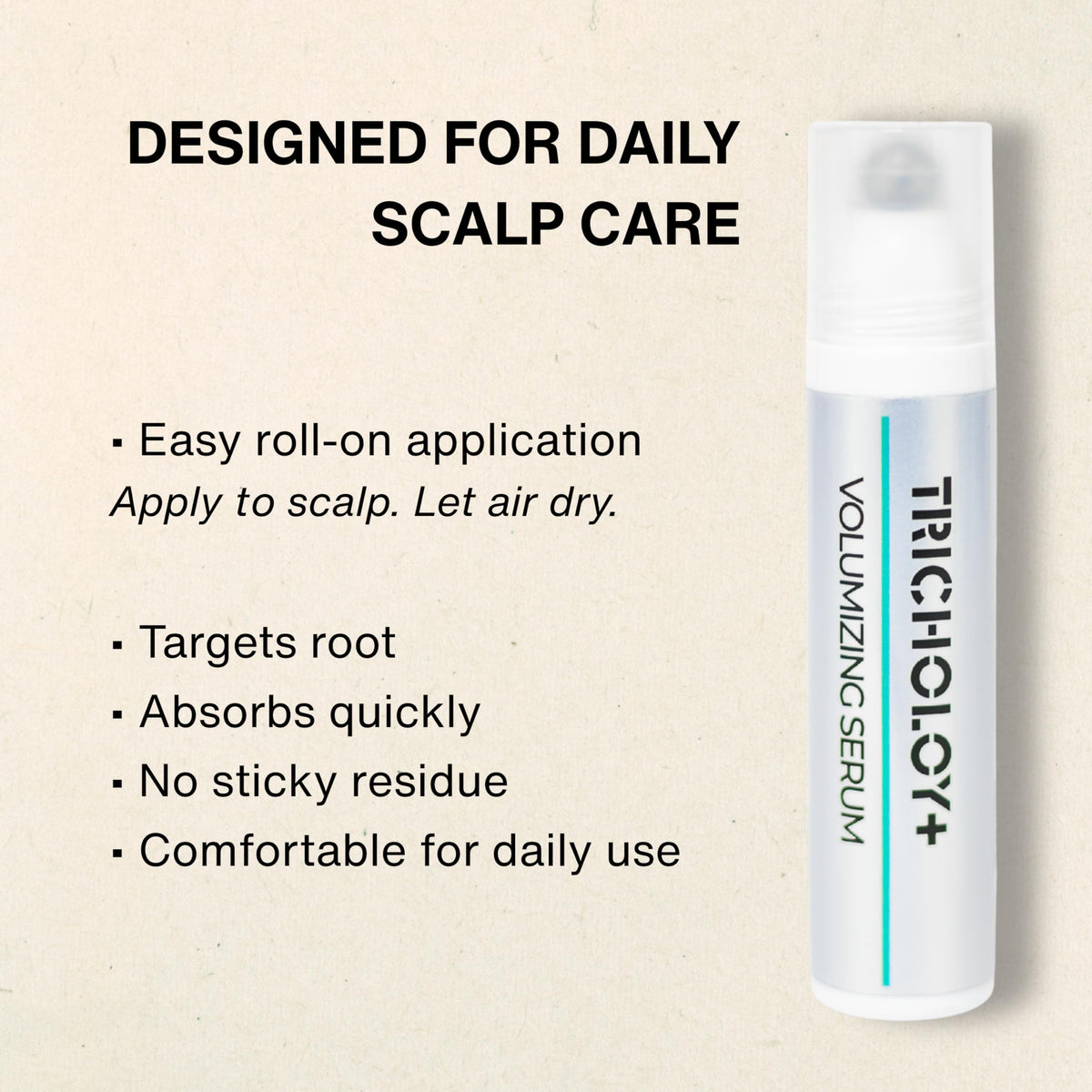 Tricholoy+ serum texture on fingertip highlighting lightweight, fast-absorbing feel