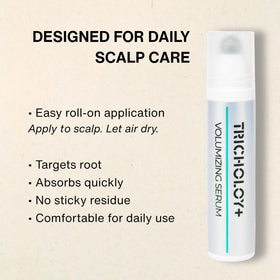 Tricholoy+ serum texture on fingertip highlighting lightweight, fast-absorbing feel