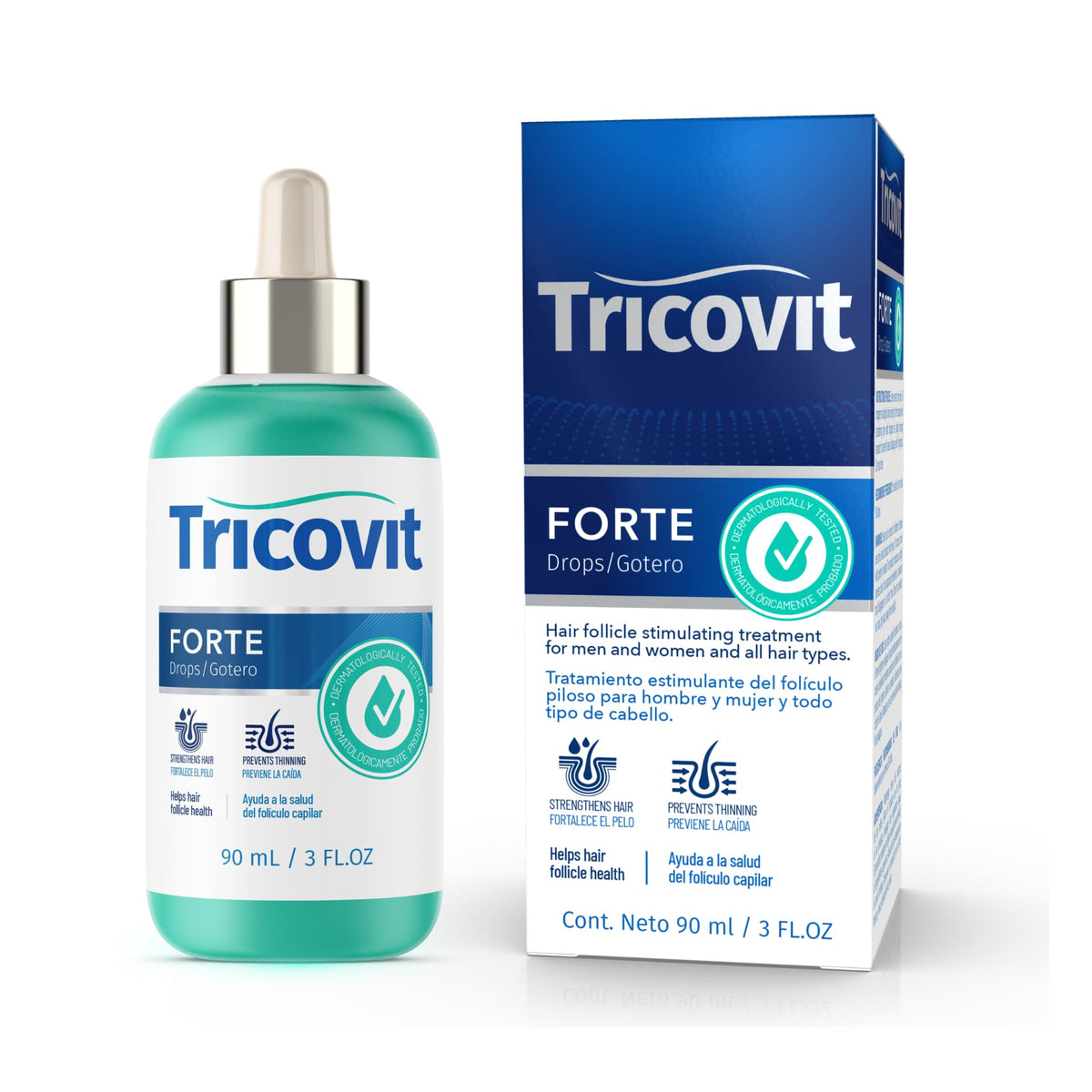 Tricovit on bathroom shelf in routine setting, integrates into daily hair care benefit