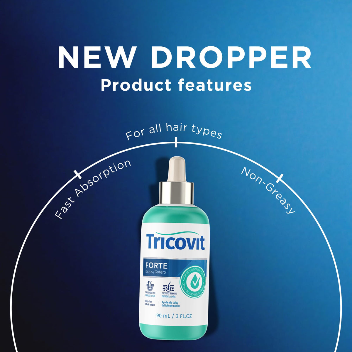 Tricovit bottle held in hand for size comparison, easy-to-use dropper benefit