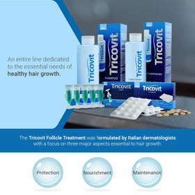 Tricovit ampoules on bathroom vanity with mirror, brand fits into daily grooming routine