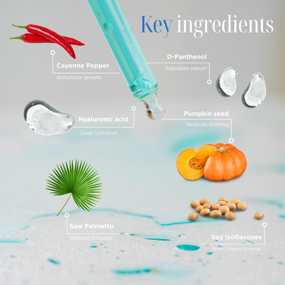 Tricovit ingredients collage with saw palmetto and pumpkin seed, botanical support benefit
