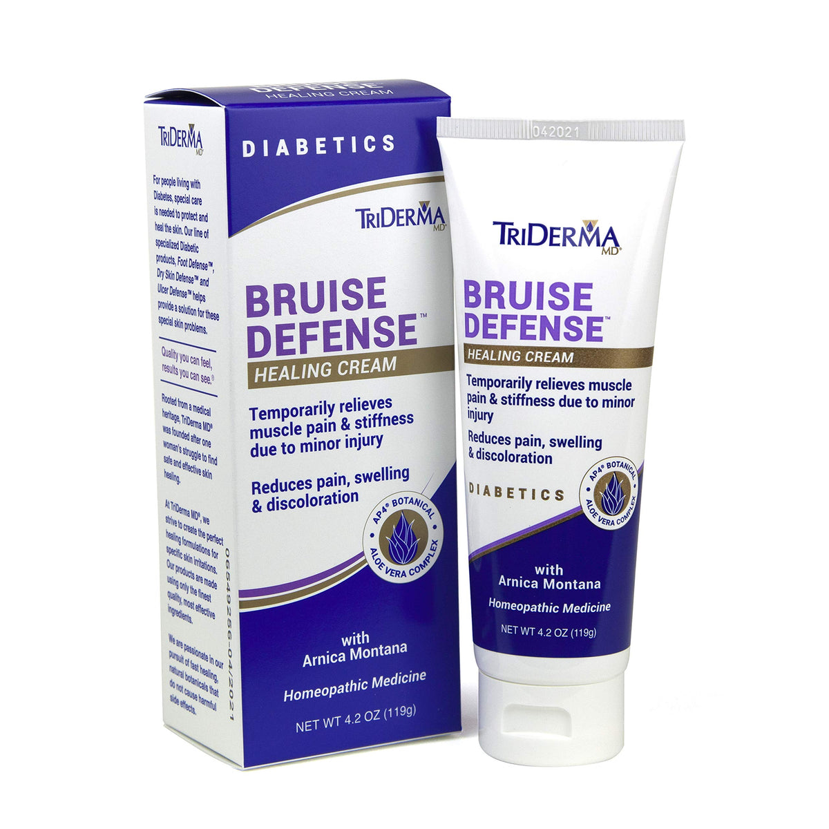 TriDerma Bruise Defense front tube showing brand and size for easy identification and travel convenience