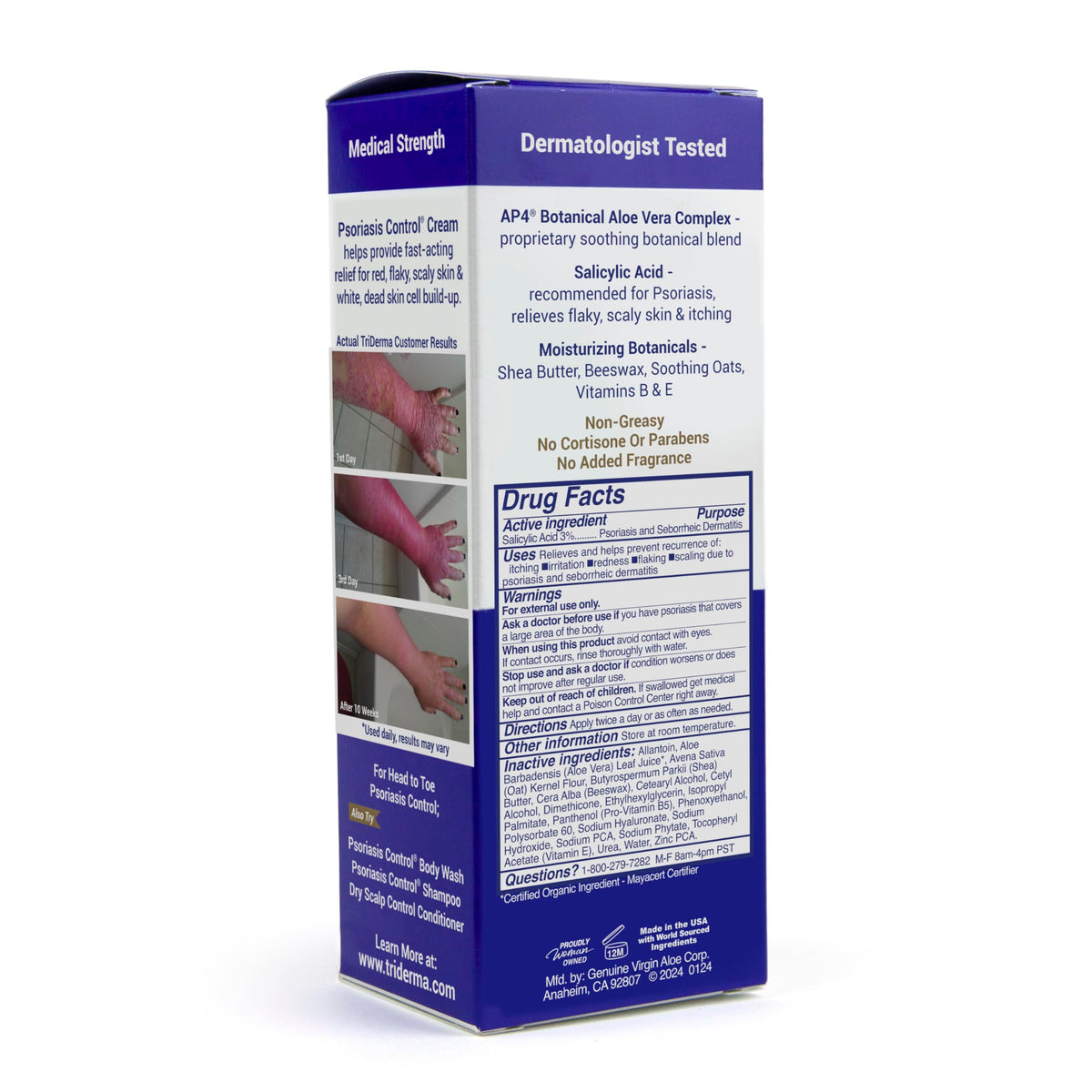 Close-up of TriDerma packaging label detailing active ingredients and skin-soothing benefit