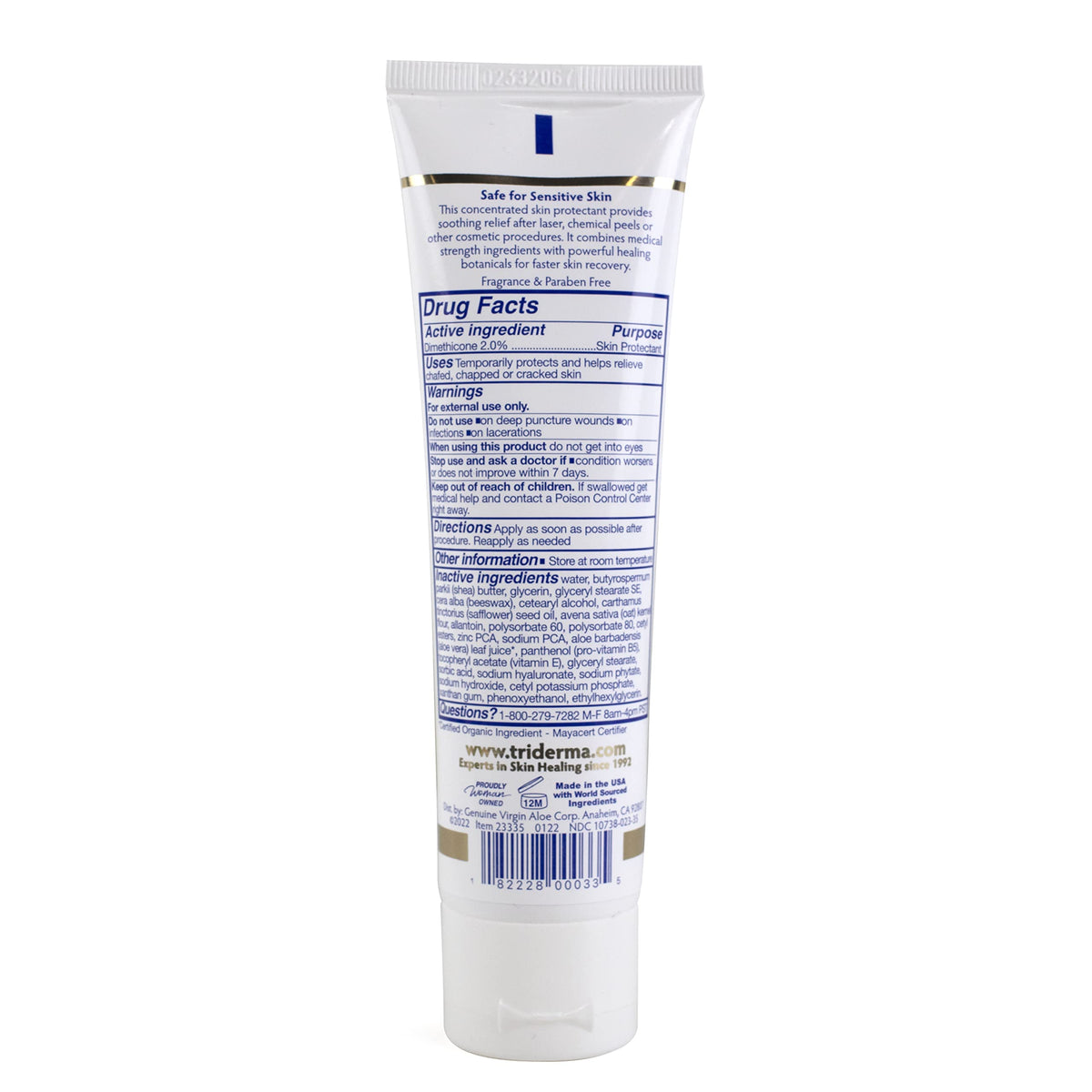 TriDerma 3.3 oz tube in hand for scale and travel-friendly size benefit