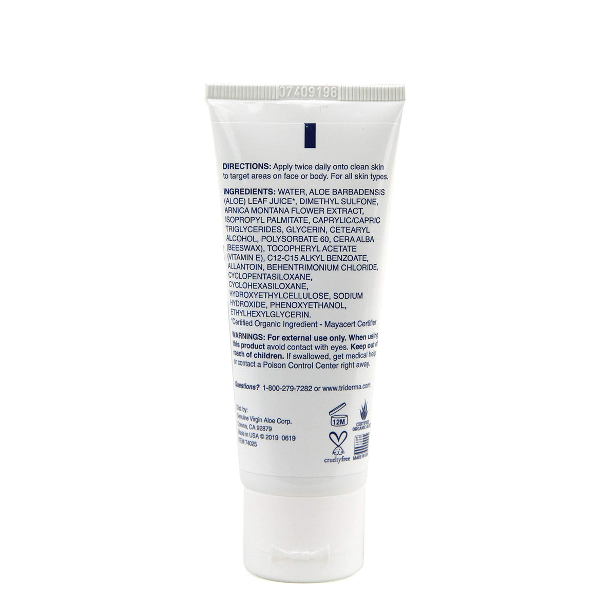 TriDerma label close-up showing AP4 Aloe Complex for soothing care