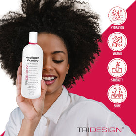 TRIDESIGN shampoo placed in bathroom scene implying daily routine benefit