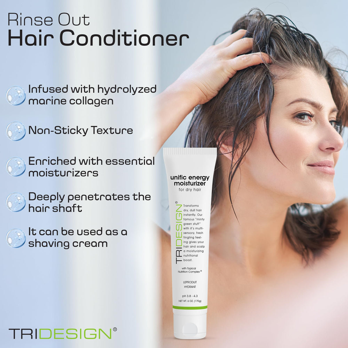 TRIDESIGN on bathroom shelf in routine setup showing daily-use benefit