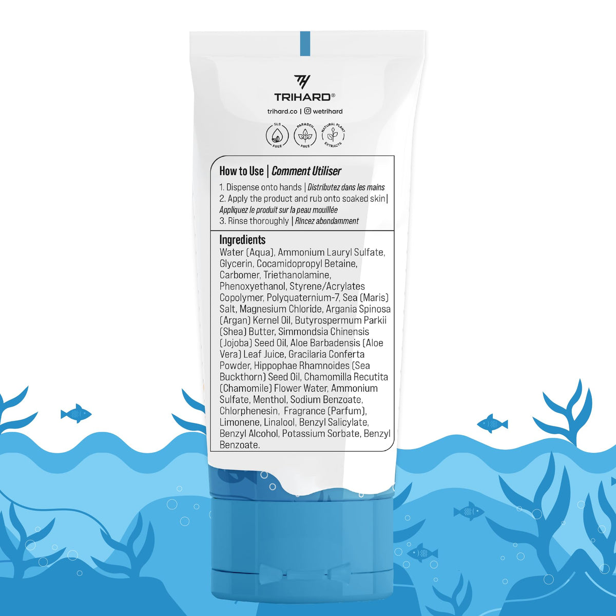 TRIHARD bottle in beach setting demonstrating post-swim skin relief