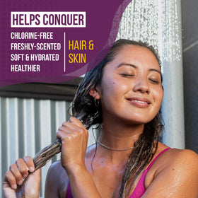 TRIHARD body wash in shower scene rinsing chlorine and sunscreen residue