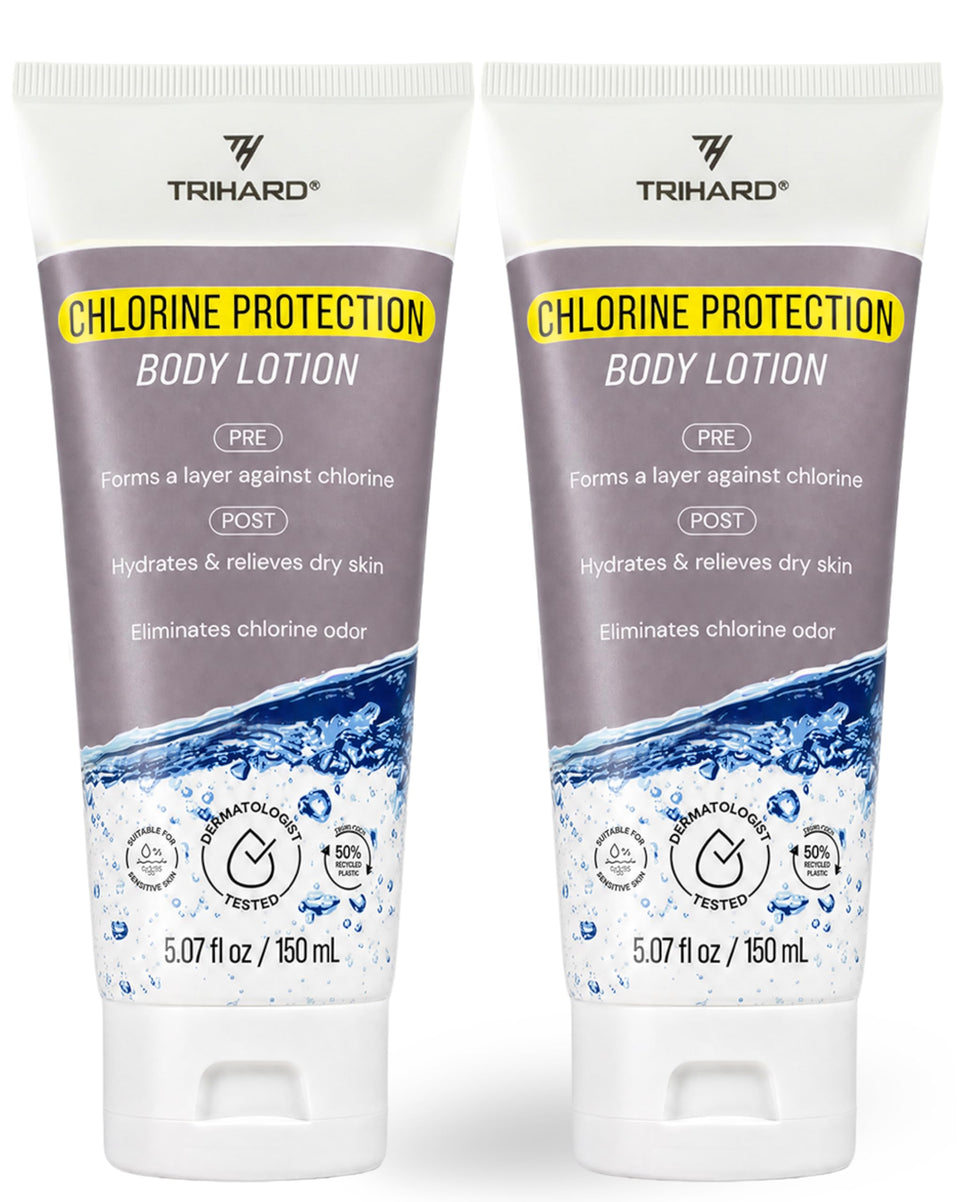 TRIHARD pack of two bottles front view showing swim lotion protection benefit