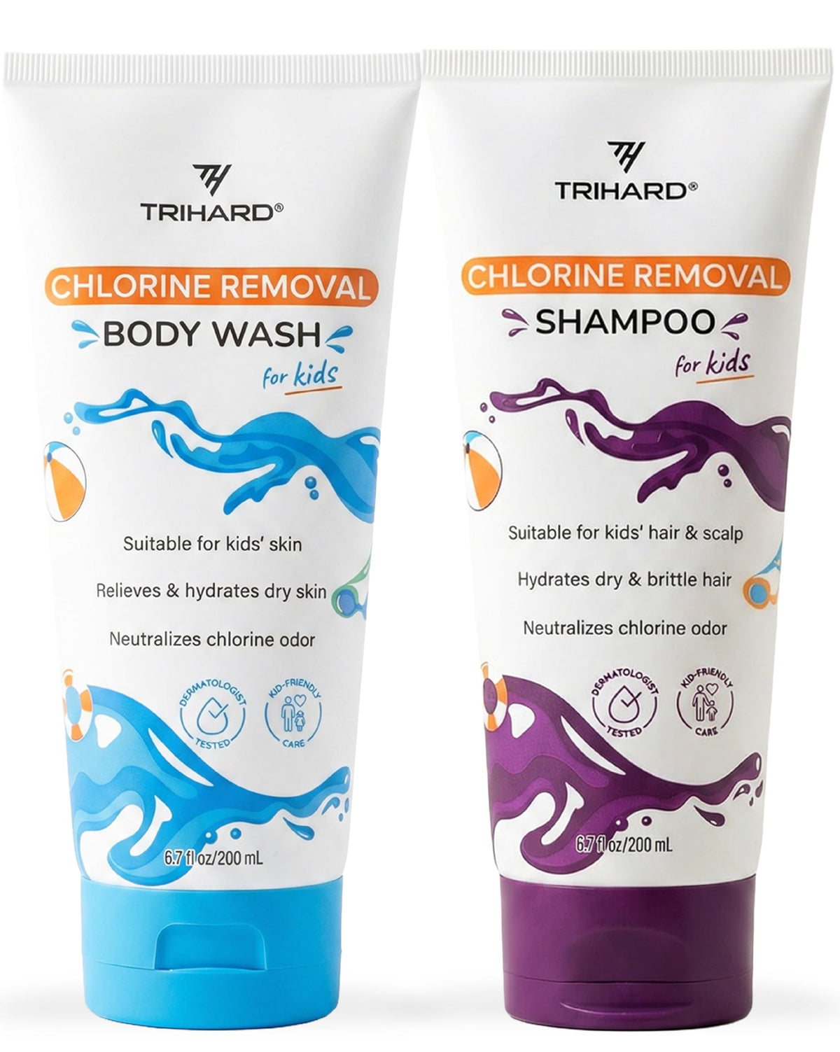 TRIHARD front packaging showing kids shampoo and body wash, clean-post-swim solution