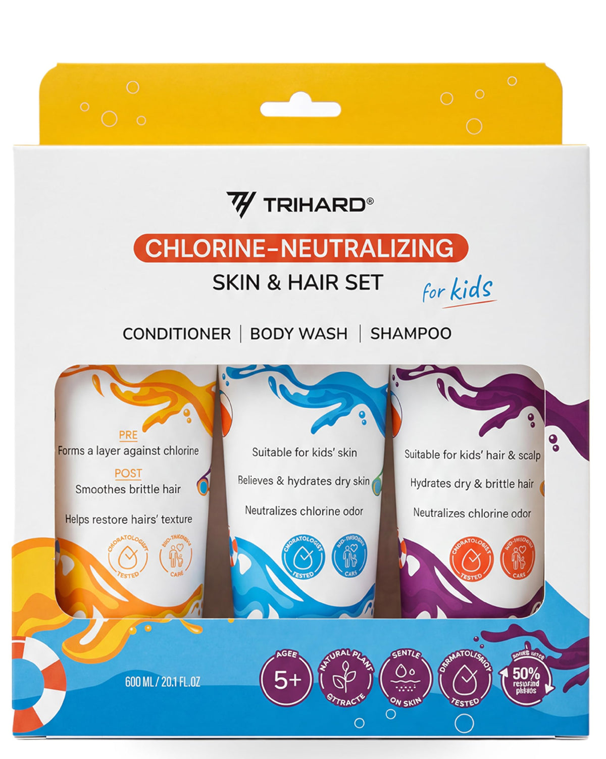 TRIHARD front packaging of kids swim kit showing complete three-piece set and easy use