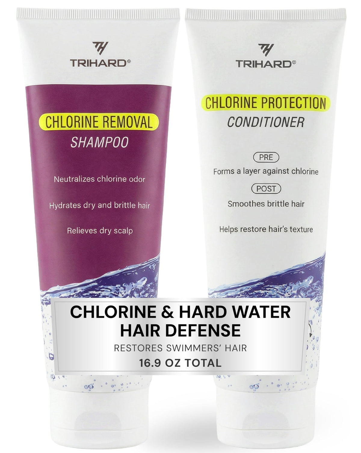 TRIHARD front packaging showing the swim shampoo and conditioner protecting hair