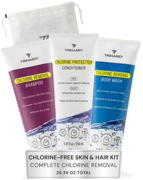 TRIHARD front packaging showing full chlorine care bundle and routine benefits