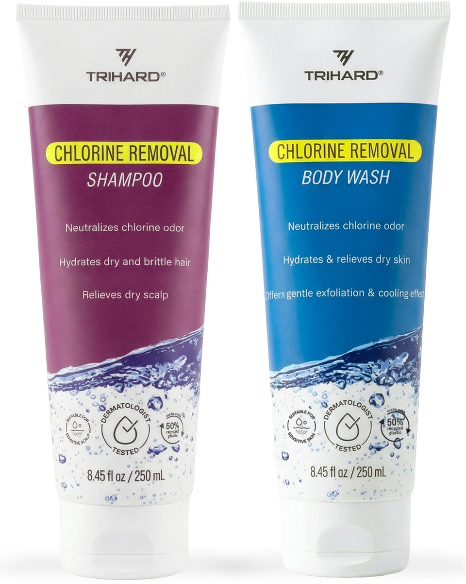 TRIHARD shampoo front packaging showing clean ingredients and post-swim benefit