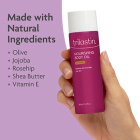 TriLASTIN oil spread on skin showing lightweight texture and non-greasy finish