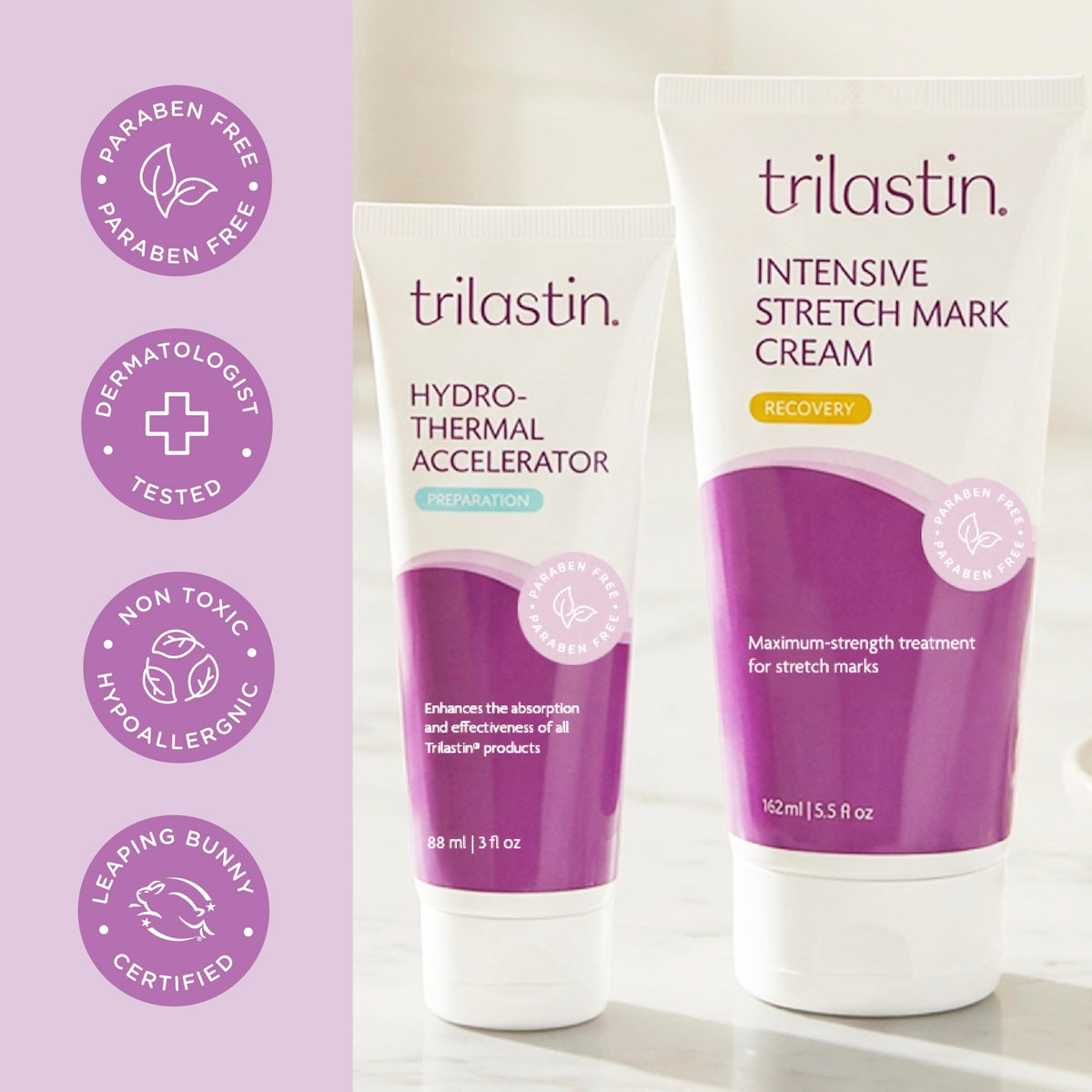 TriLASTIN cream texture swipe illustrating smooth application and moisture benefit