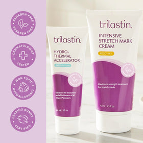 TriLASTIN cream texture swipe illustrating smooth application and moisture benefit