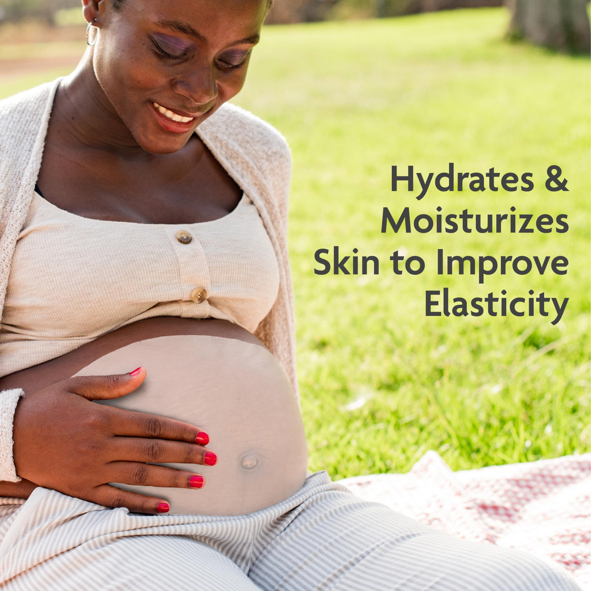 TriLASTIN mask applied to belly demonstrating soothing relief benefit