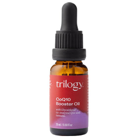 Trilogy bottle front view showing CoQ10 Booster Oil and glow benefit