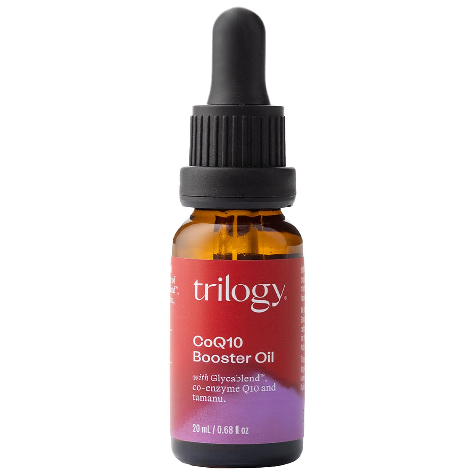 Trilogy bottle front view showing CoQ10 Booster Oil and glow benefit
