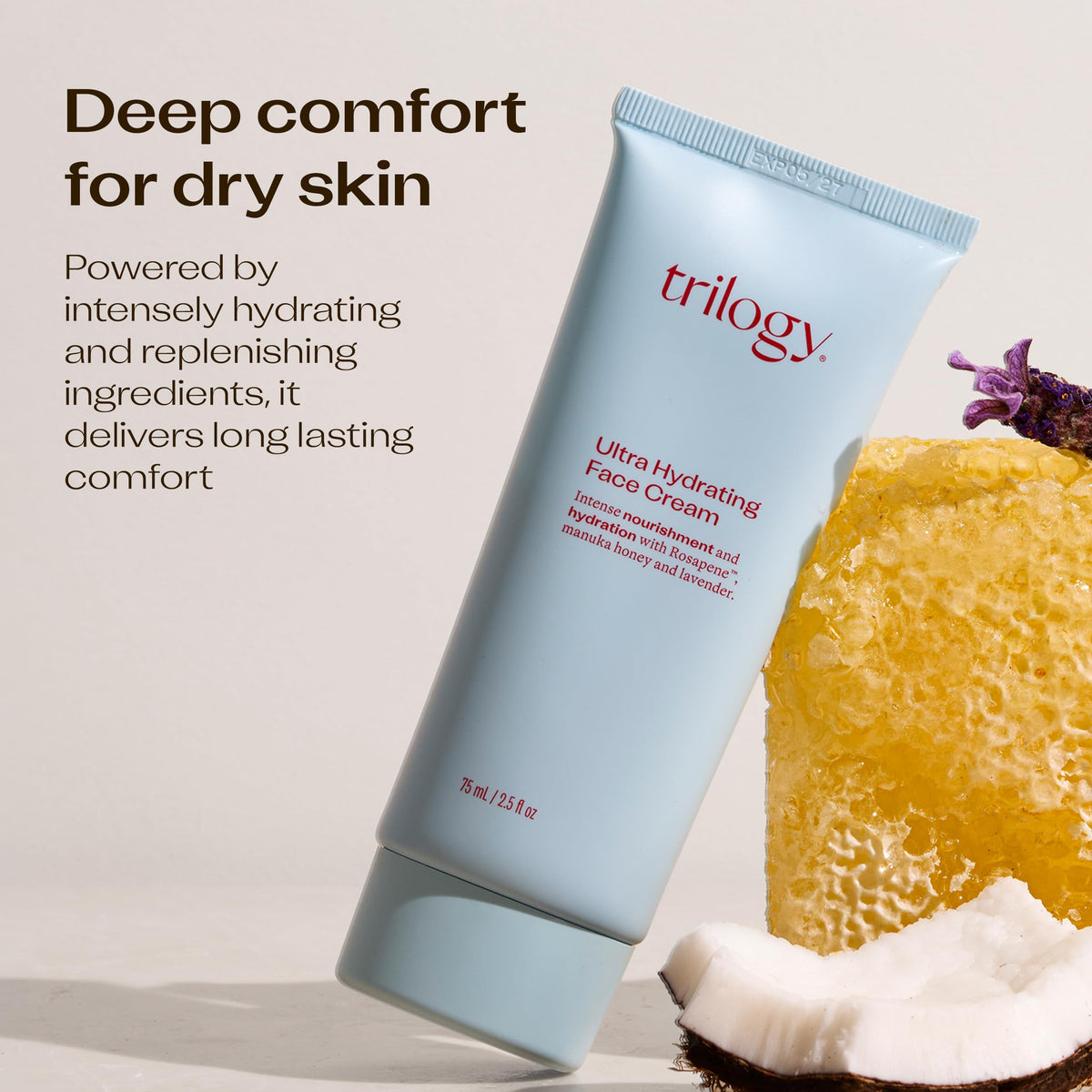 Trilogy manuka honey and oils flatlay conveying soothing hydration and nourishment