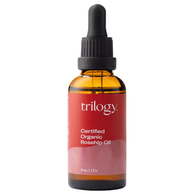 Trilogy rosehip oil bottle front view showing pure product and organic benefit