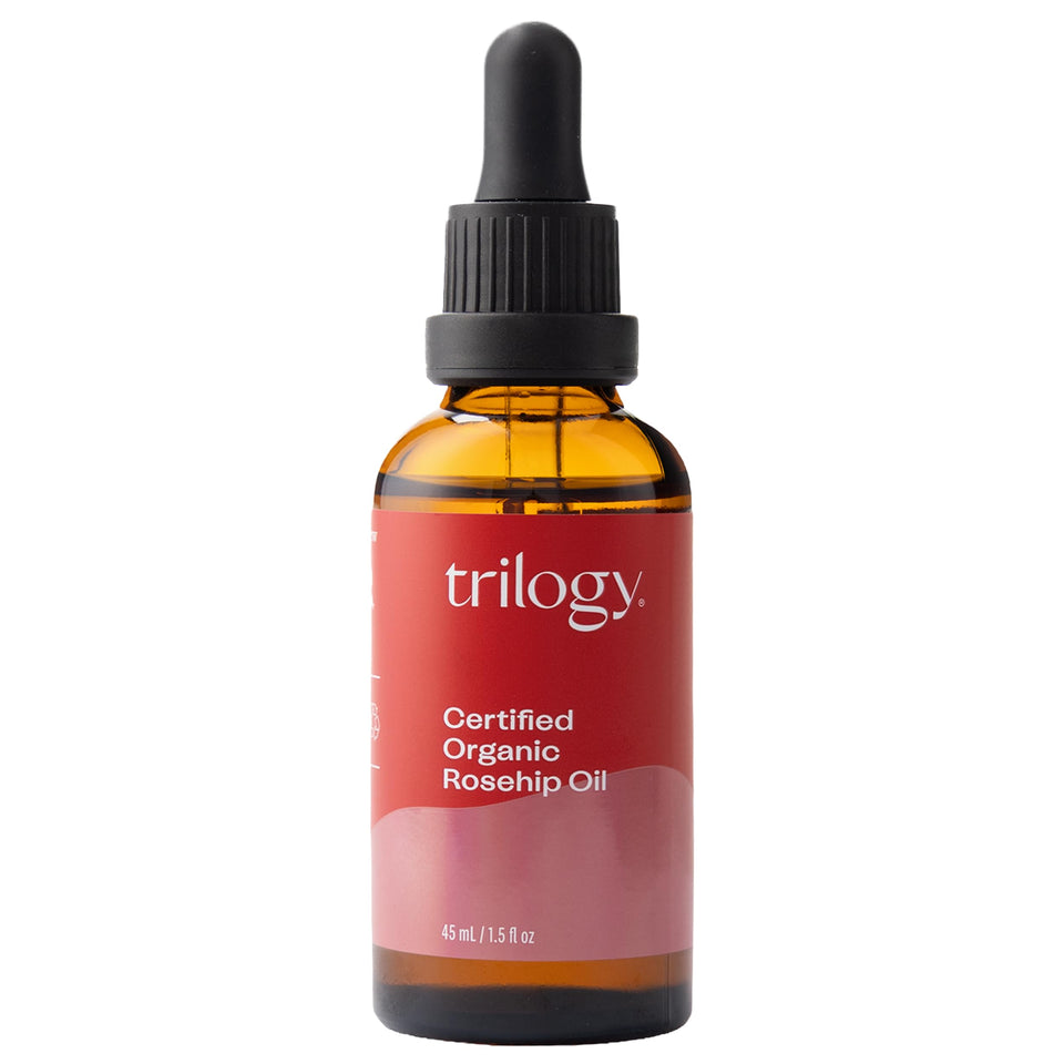 Trilogy rosehip oil bottle front view showing pure product and organic benefit