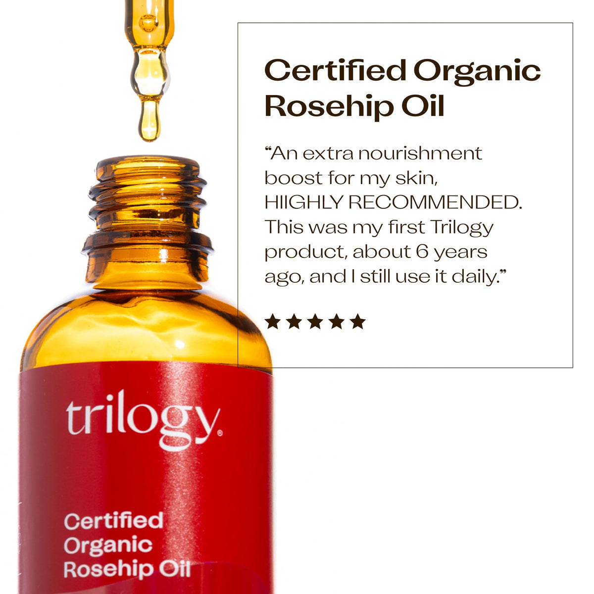 Close-up of Trilogy rosehip oil golden texture highlighting nourishing feel