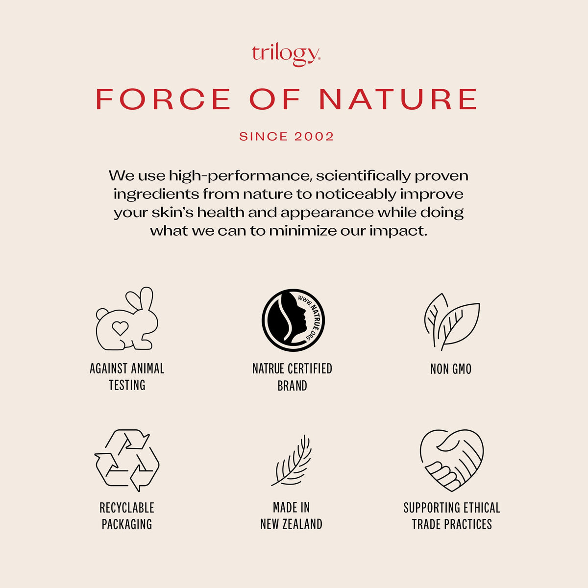 Trilogy serum on bathroom shelf with plants, conveying gentle daily routine benefit