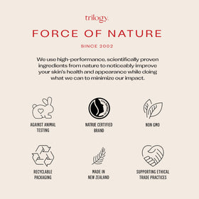 Trilogy serum on bathroom shelf with plants, conveying gentle daily routine benefit