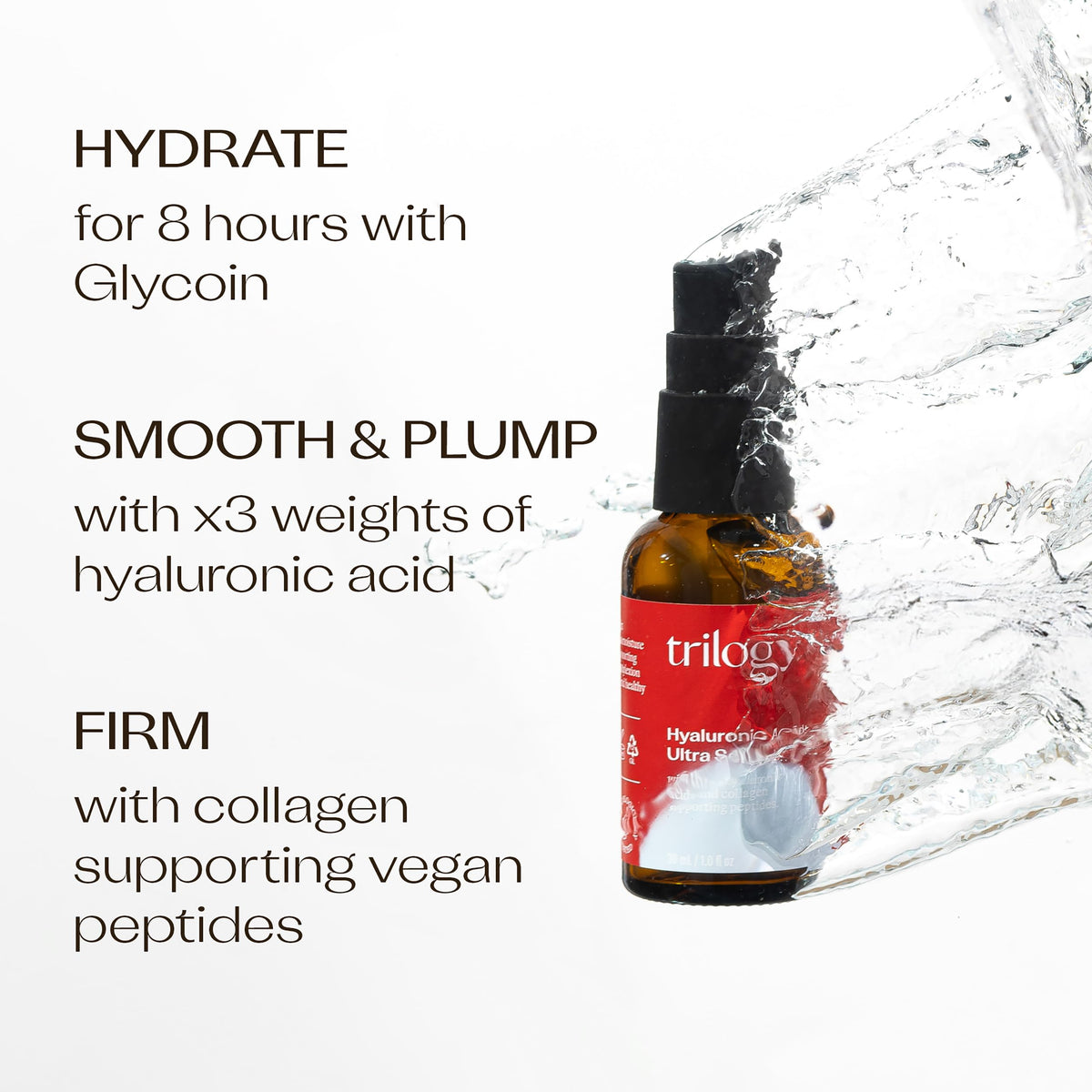Trilogy pump dispensing serum drop, illustrating easy, precise application and minimal waste
