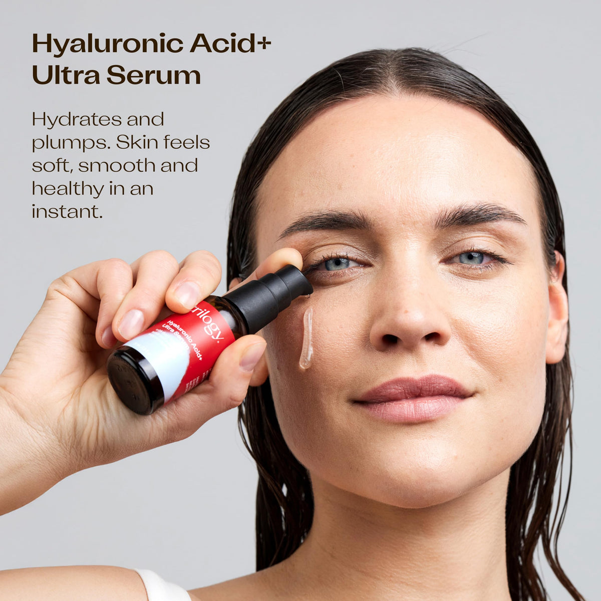 Trilogy gel serum texture close-up, showing lightweight consistency and fast absorption