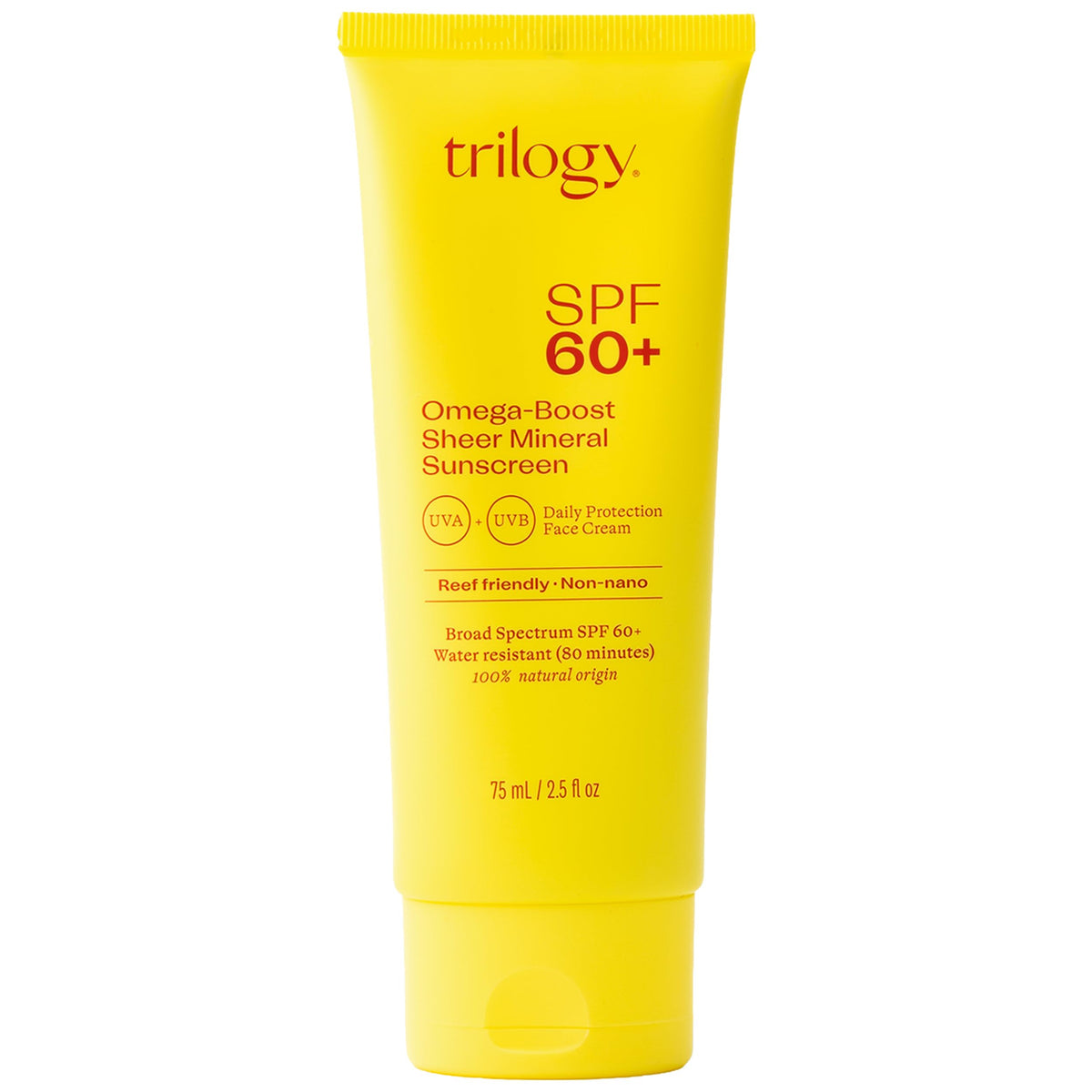 Trilogy front packaging showing SPF 60+ protection and natural origin