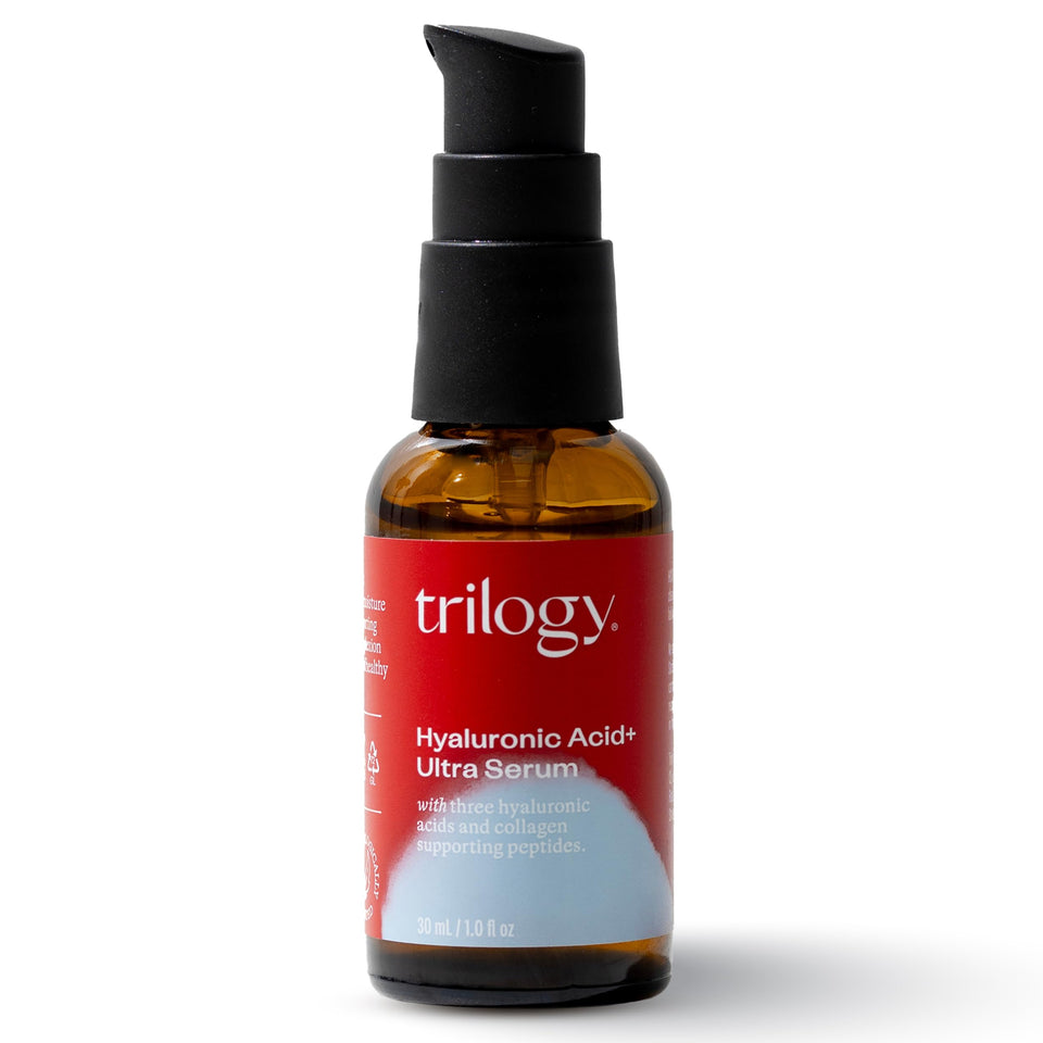 Trilogy front packaging showing bottle and label, clear benefit: informative product view